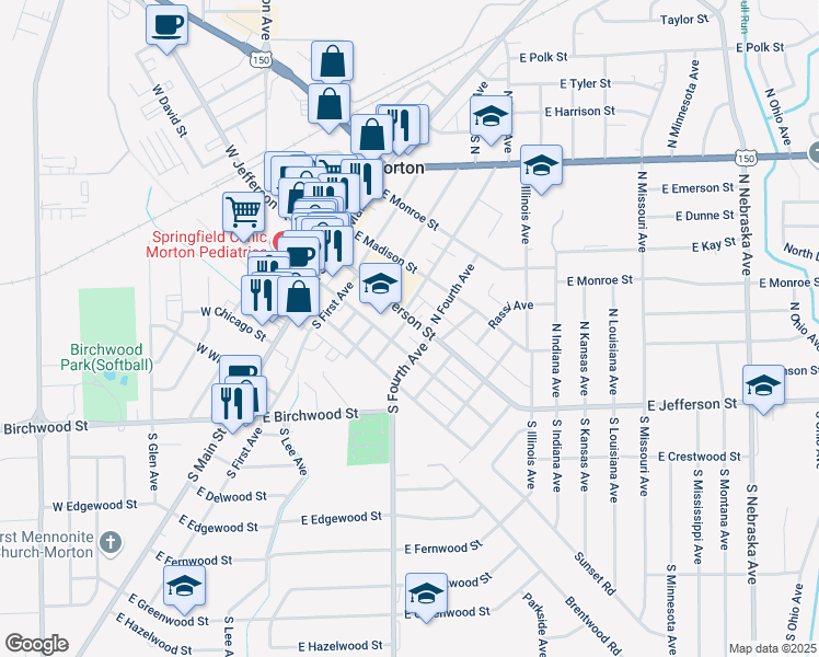 map of restaurants, bars, coffee shops, grocery stores, and more near 302 East Jefferson Street in Morton