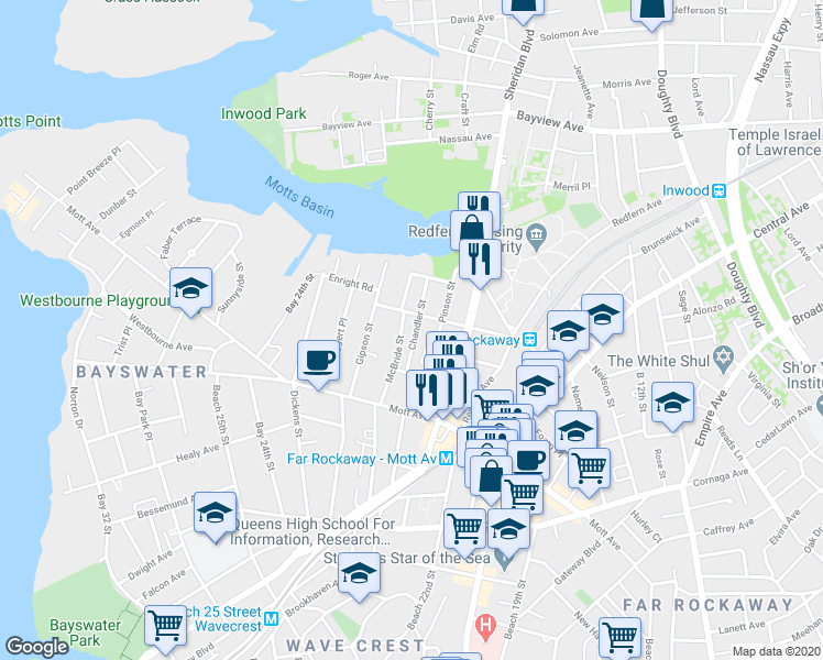 map of restaurants, bars, coffee shops, grocery stores, and more near 13-83 Chandler Street in Queens