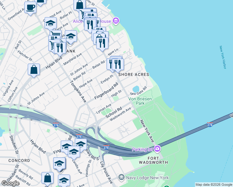 map of restaurants, bars, coffee shops, grocery stores, and more near High Street in Staten Island