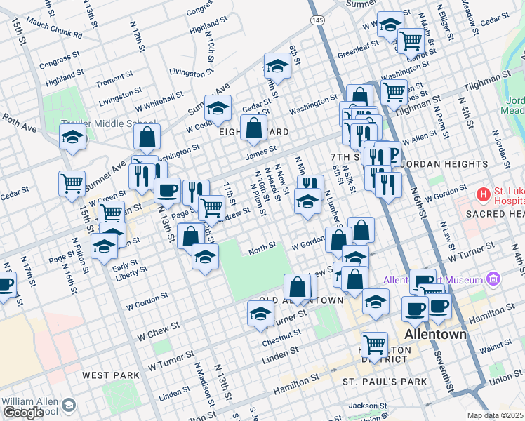 map of restaurants, bars, coffee shops, grocery stores, and more near 525 North Plum Street in Allentown