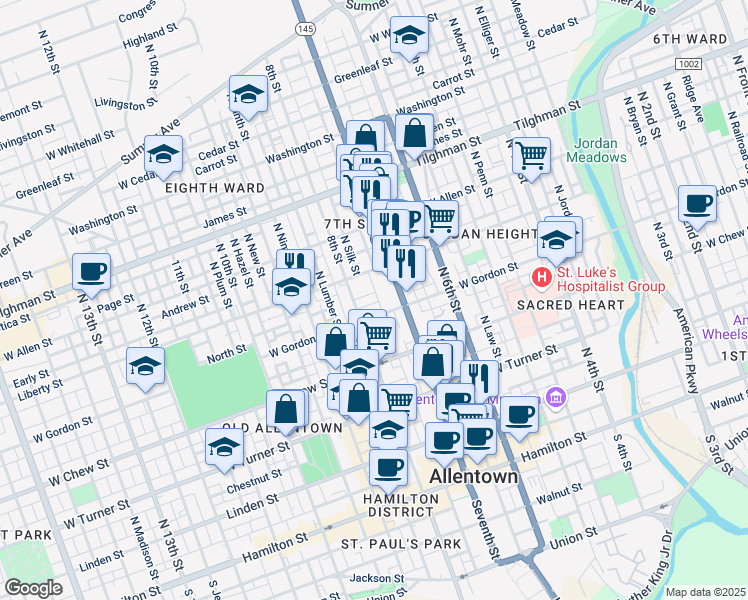 map of restaurants, bars, coffee shops, grocery stores, and more near 415 North Hall Street in Allentown