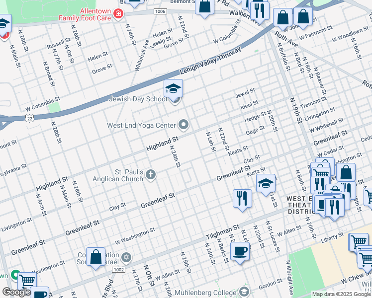 map of restaurants, bars, coffee shops, grocery stores, and more near 2301 Livingston Street in Allentown