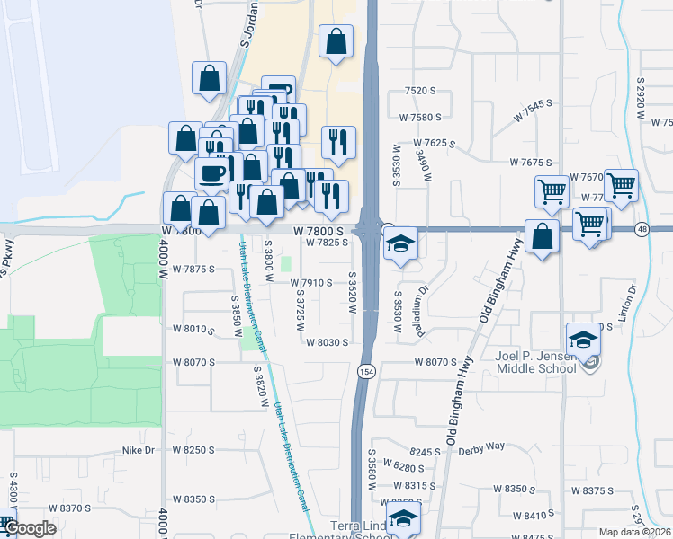 map of restaurants, bars, coffee shops, grocery stores, and more near 3647 West 7865 South in West Jordan