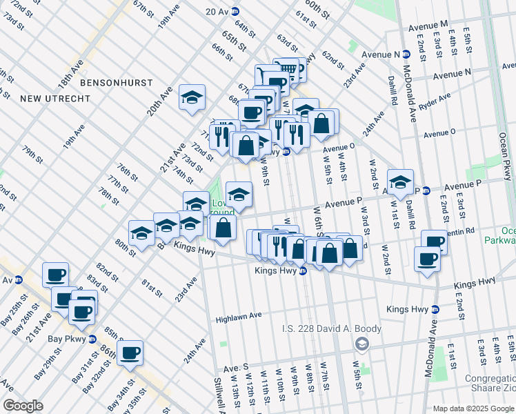 map of restaurants, bars, coffee shops, grocery stores, and more near 1599 West 10th Street in Brooklyn