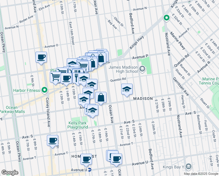 map of restaurants, bars, coffee shops, grocery stores, and more near 2205 Ocean Avenue in Brooklyn