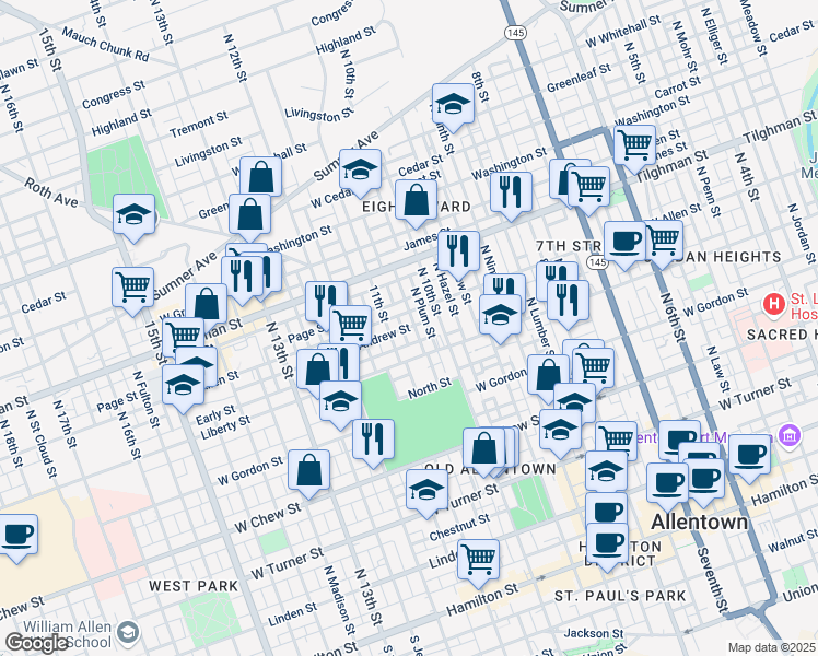 map of restaurants, bars, coffee shops, grocery stores, and more near 530 North Howard Street in Allentown