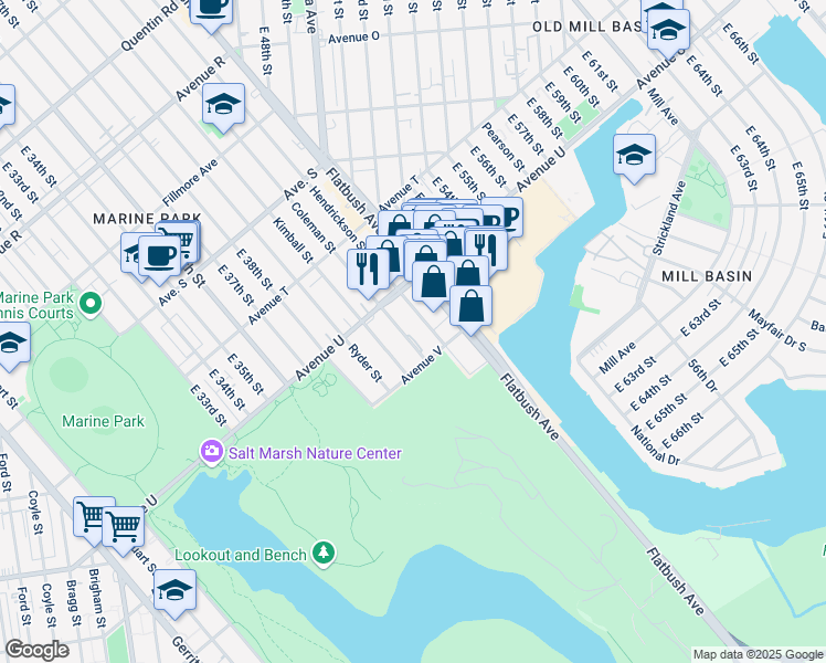 map of restaurants, bars, coffee shops, grocery stores, and more near 2245 Coleman Street in Brooklyn