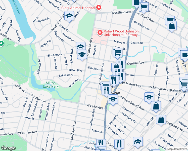 map of restaurants, bars, coffee shops, grocery stores, and more near 709 W Milton Ave in Rahway