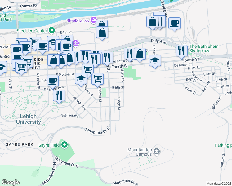 map of restaurants, bars, coffee shops, grocery stores, and more near 619 Ridge Street in Bethlehem