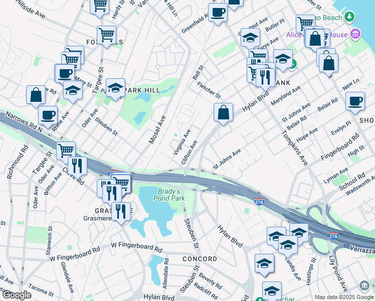 map of restaurants, bars, coffee shops, grocery stores, and more near 62 Donley Avenue in Staten Island
