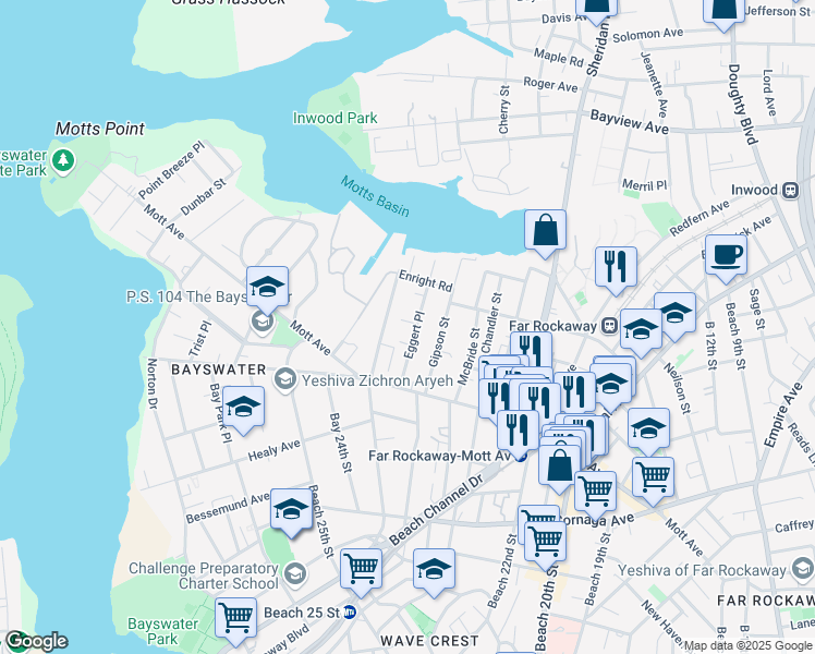 map of restaurants, bars, coffee shops, grocery stores, and more near 13-65 Eggert Place in Queens