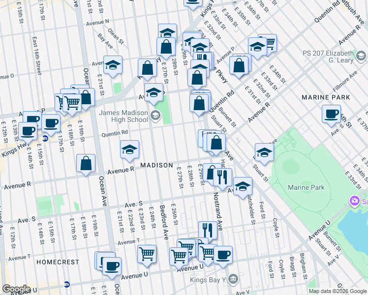 map of restaurants, bars, coffee shops, grocery stores, and more near 1766 East 28th Street in Brooklyn
