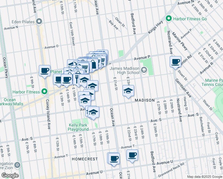 map of restaurants, bars, coffee shops, grocery stores, and more near 2197 Ocean Avenue in Brooklyn