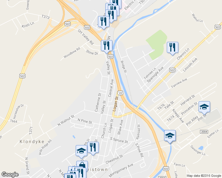 map of restaurants, bars, coffee shops, grocery stores, and more near 74 Central Avenue in Lewistown