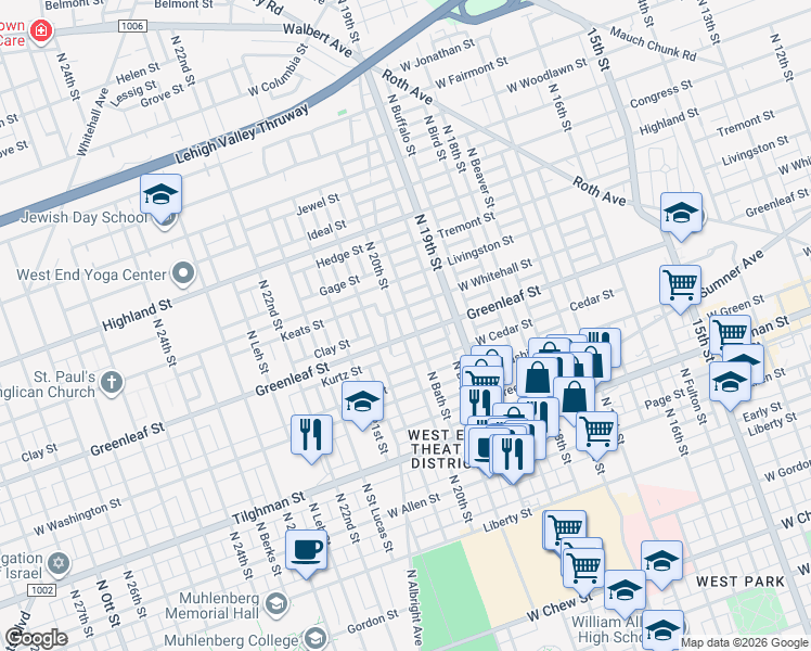 map of restaurants, bars, coffee shops, grocery stores, and more near 1937 Greenleaf Street in Allentown