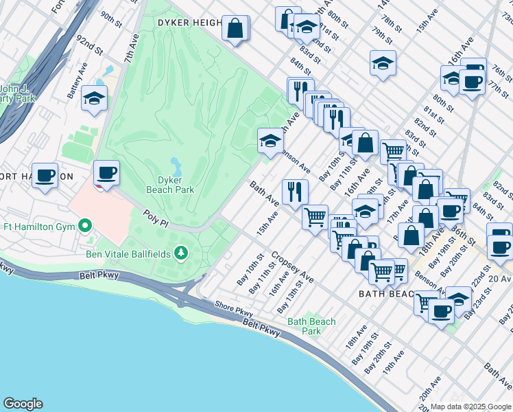 map of restaurants, bars, coffee shops, grocery stores, and more near 196 Bay 8th Street in Brooklyn