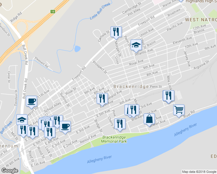 map of restaurants, bars, coffee shops, grocery stores, and more near 856 8th Avenue in Brackenridge