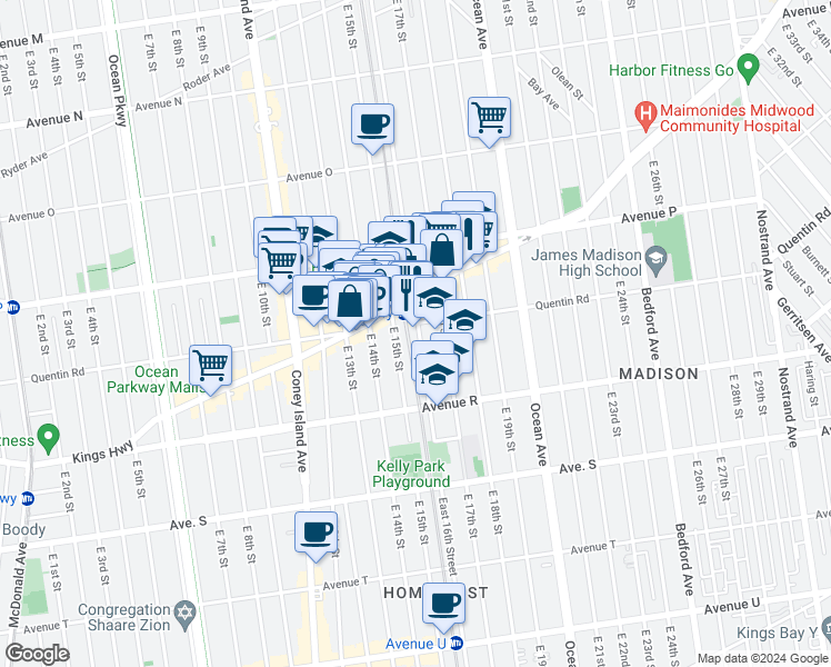 map of restaurants, bars, coffee shops, grocery stores, and more near 1712A East 16th Street in Brooklyn