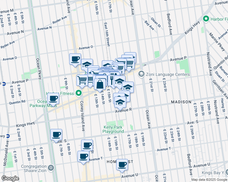 map of restaurants, bars, coffee shops, grocery stores, and more near 1683 East 15th Street in Brooklyn