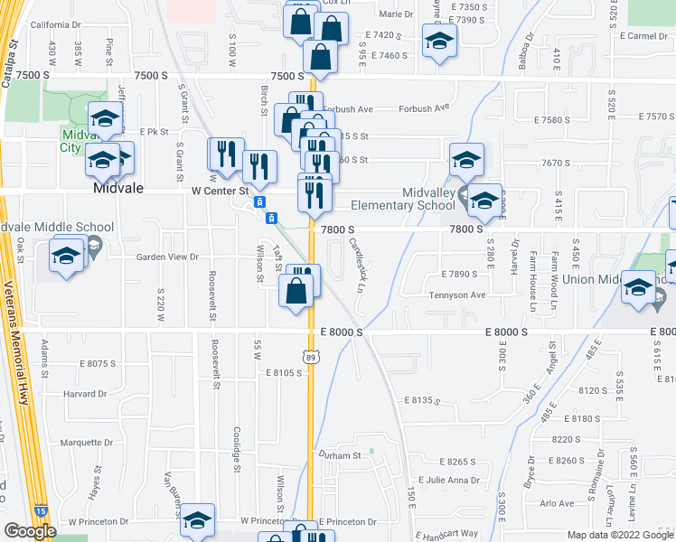 map of restaurants, bars, coffee shops, grocery stores, and more near 7890 Spring Station Way in Midvale