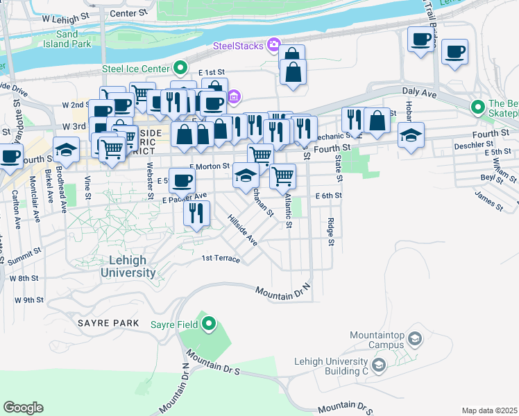map of restaurants, bars, coffee shops, grocery stores, and more near 612 Buchanan Street in Bethlehem