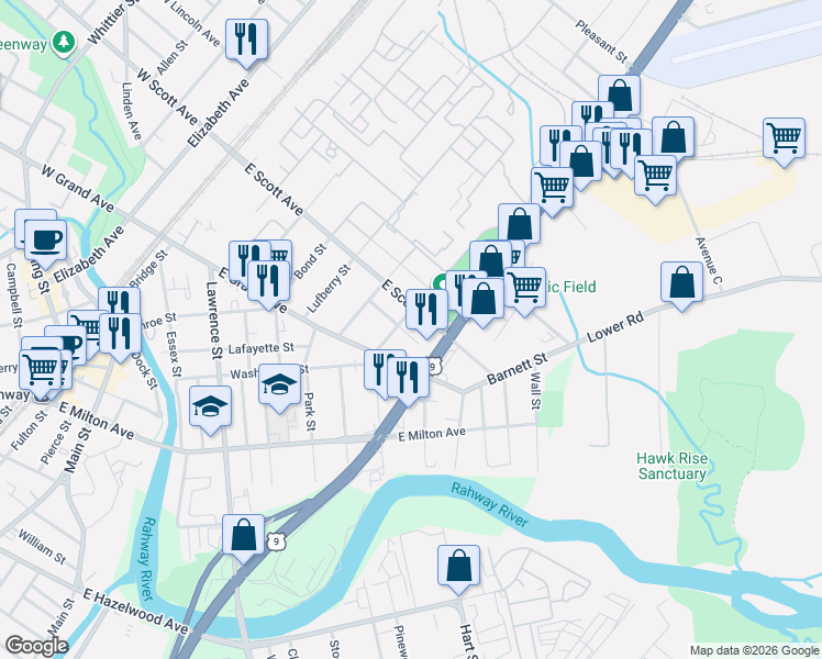 map of restaurants, bars, coffee shops, grocery stores, and more near 546 Teneyke Place in Rahway