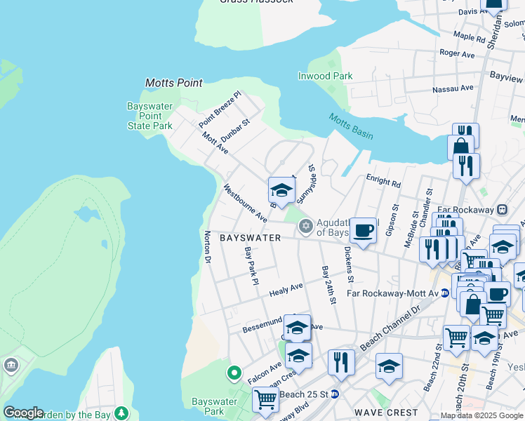 map of restaurants, bars, coffee shops, grocery stores, and more near 2601 Mott Avenue in Queens