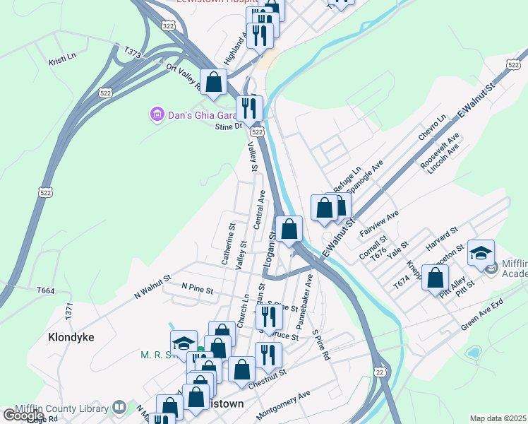 map of restaurants, bars, coffee shops, grocery stores, and more near 74 Central Avenue in Lewistown