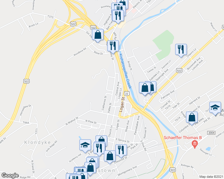 map of restaurants, bars, coffee shops, grocery stores, and more near 613 Valley Street in Lewistown