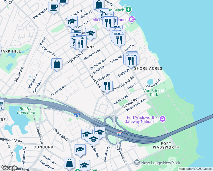 map of restaurants, bars, coffee shops, grocery stores, and more near 23 Wilton Court in Staten Island