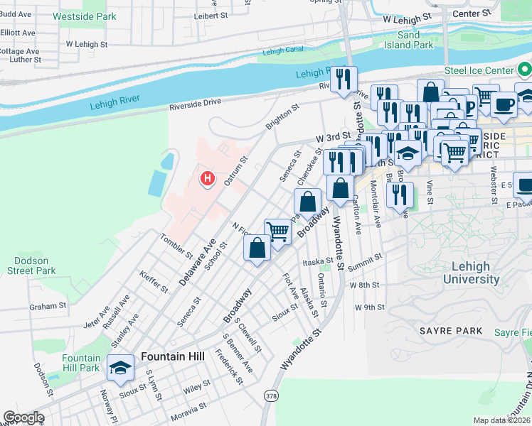 map of restaurants, bars, coffee shops, grocery stores, and more near 725 Seneca Street in Fountain Hill