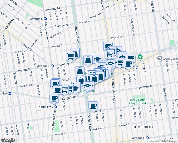 map of restaurants, bars, coffee shops, grocery stores, and more near 1746 East 7th Street in Brooklyn