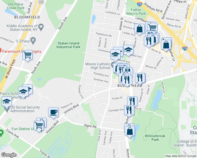 map of restaurants, bars, coffee shops, grocery stores, and more near 141 Sommer Avenue in Staten Island