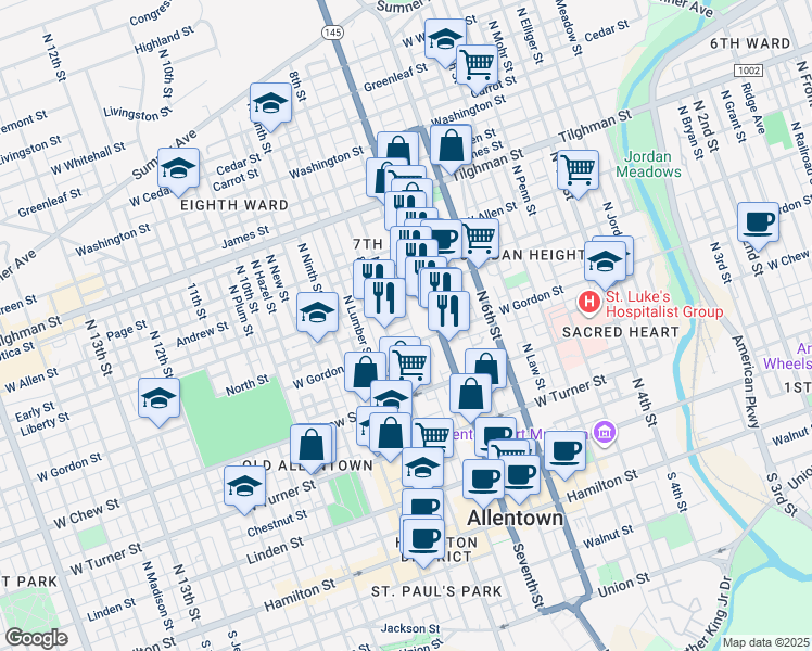 map of restaurants, bars, coffee shops, grocery stores, and more near 415 North Hall Street in Allentown