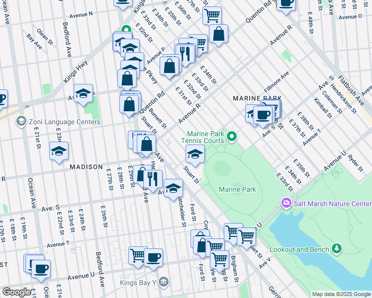 map of restaurants, bars, coffee shops, grocery stores, and more near 1865 Burnett Street in Brooklyn