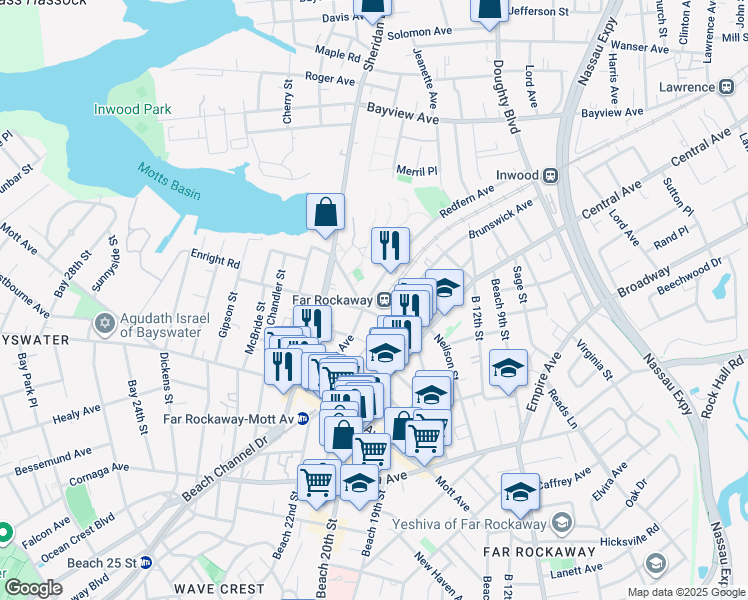 map of restaurants, bars, coffee shops, grocery stores, and more near 20-50 Nameoke Street in Queens