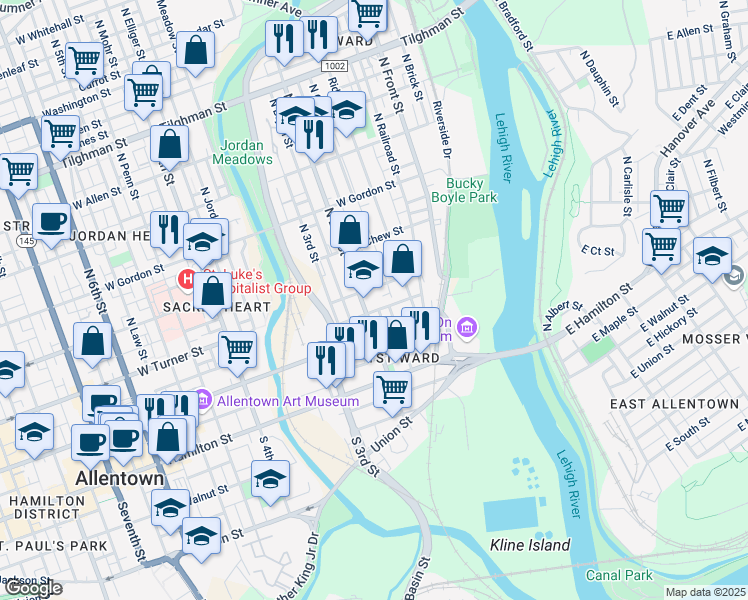 map of restaurants, bars, coffee shops, grocery stores, and more near 137 North 2nd Street in Allentown