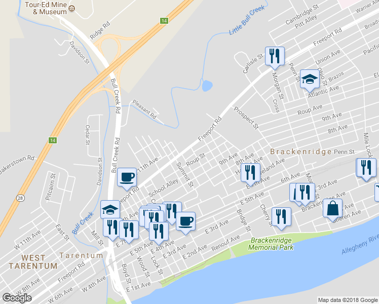 map of restaurants, bars, coffee shops, grocery stores, and more near 638 East 10th Avenue in Tarentum
