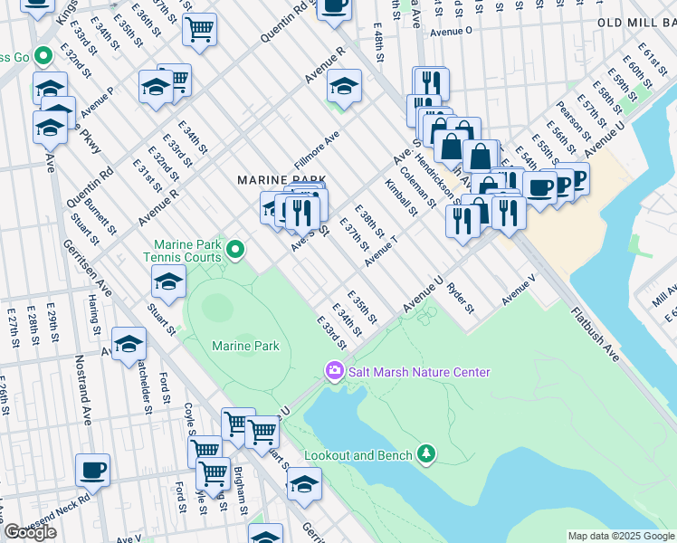map of restaurants, bars, coffee shops, grocery stores, and more near 2071 East 35th Street in Brooklyn
