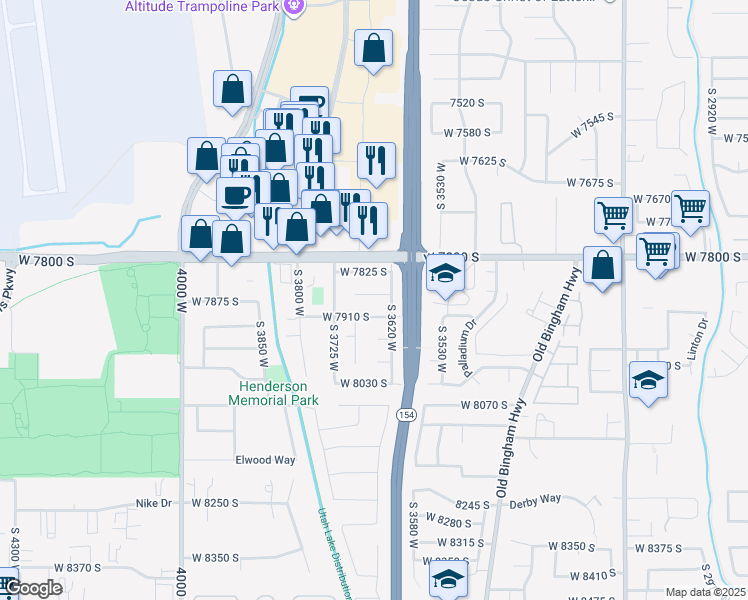 map of restaurants, bars, coffee shops, grocery stores, and more near 3647 West 7865 South in West Jordan