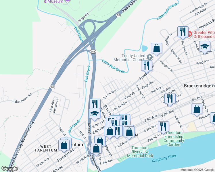 map of restaurants, bars, coffee shops, grocery stores, and more near 1120 Constitution Street in Tarentum