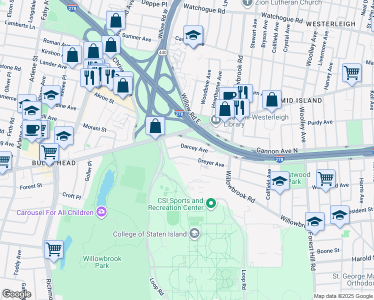 map of restaurants, bars, coffee shops, grocery stores, and more near 58 Darcey Avenue in Staten Island