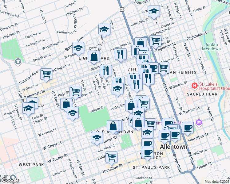 map of restaurants, bars, coffee shops, grocery stores, and more near 921 Liberty Street in Allentown