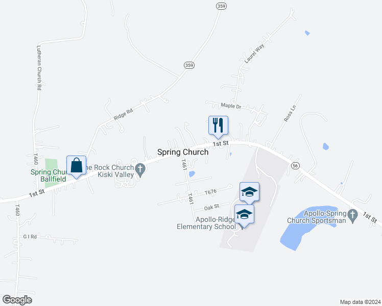 map of restaurants, bars, coffee shops, grocery stores, and more near 1761 Pennsylvania 56 in Spring Church