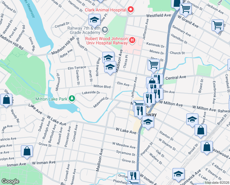 map of restaurants, bars, coffee shops, grocery stores, and more near 867 Madison Avenue in Rahway