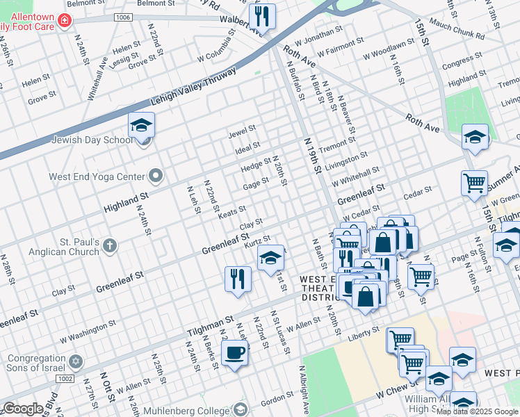 map of restaurants, bars, coffee shops, grocery stores, and more near 929 North 21st Street in Allentown
