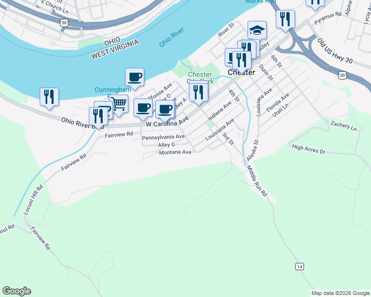 map of restaurants, bars, coffee shops, grocery stores, and more near 171 Montana Ave in Chester