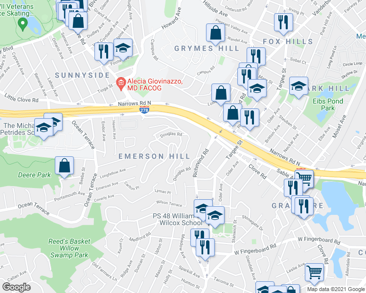 map of restaurants, bars, coffee shops, grocery stores, and more near 25 7 Gables Road in Staten Island