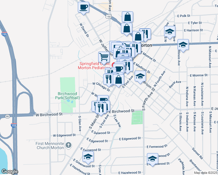 map of restaurants, bars, coffee shops, grocery stores, and more near 113 W Chicago St in Morton
