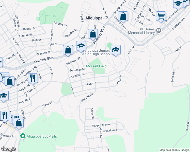 map of restaurants, bars, coffee shops, grocery stores, and more near 1132 Main Street in Aliquippa
